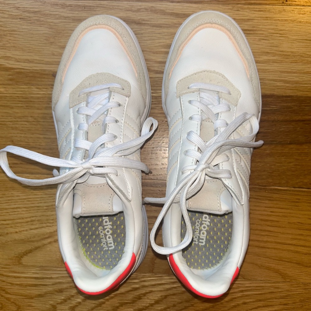 Adidas sneakers size 8.5. White, pink, tan, and cream.